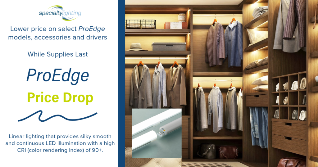 closet lit with linear pro edge lighting promotion for price reduction.