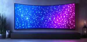 curved frame on back wall with graphic of blue and pink sky and stars glowing